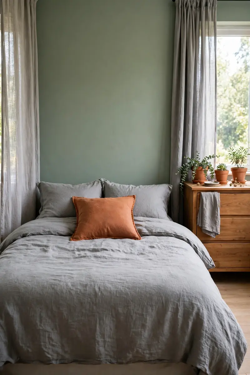 Terracotta throw pillow adding warm contrast to sage and grey bedding