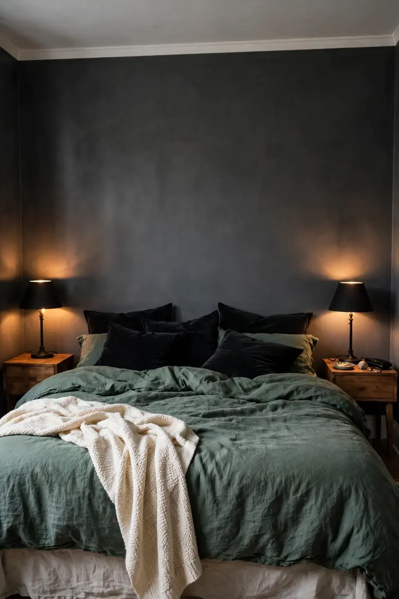 Moody bedroom with charcoal grey walls and deep sage bedding