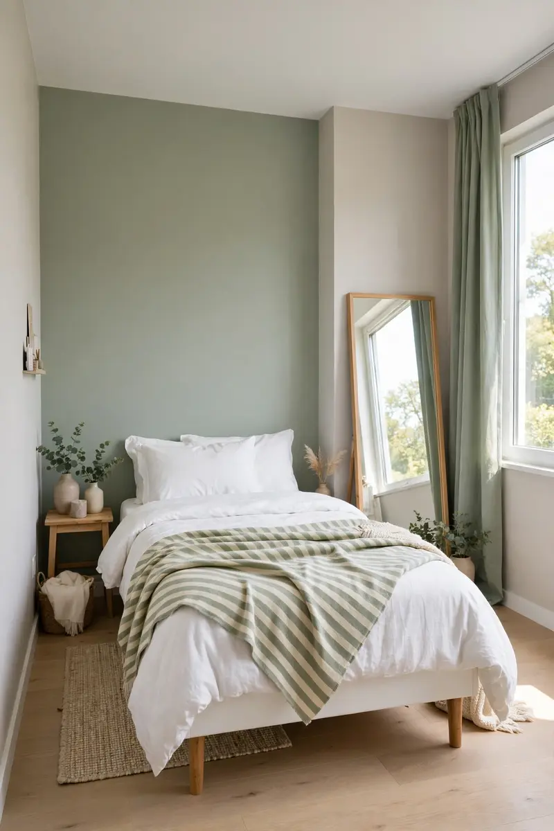 Small bedroom in pale grey and sage designed to feel spacious