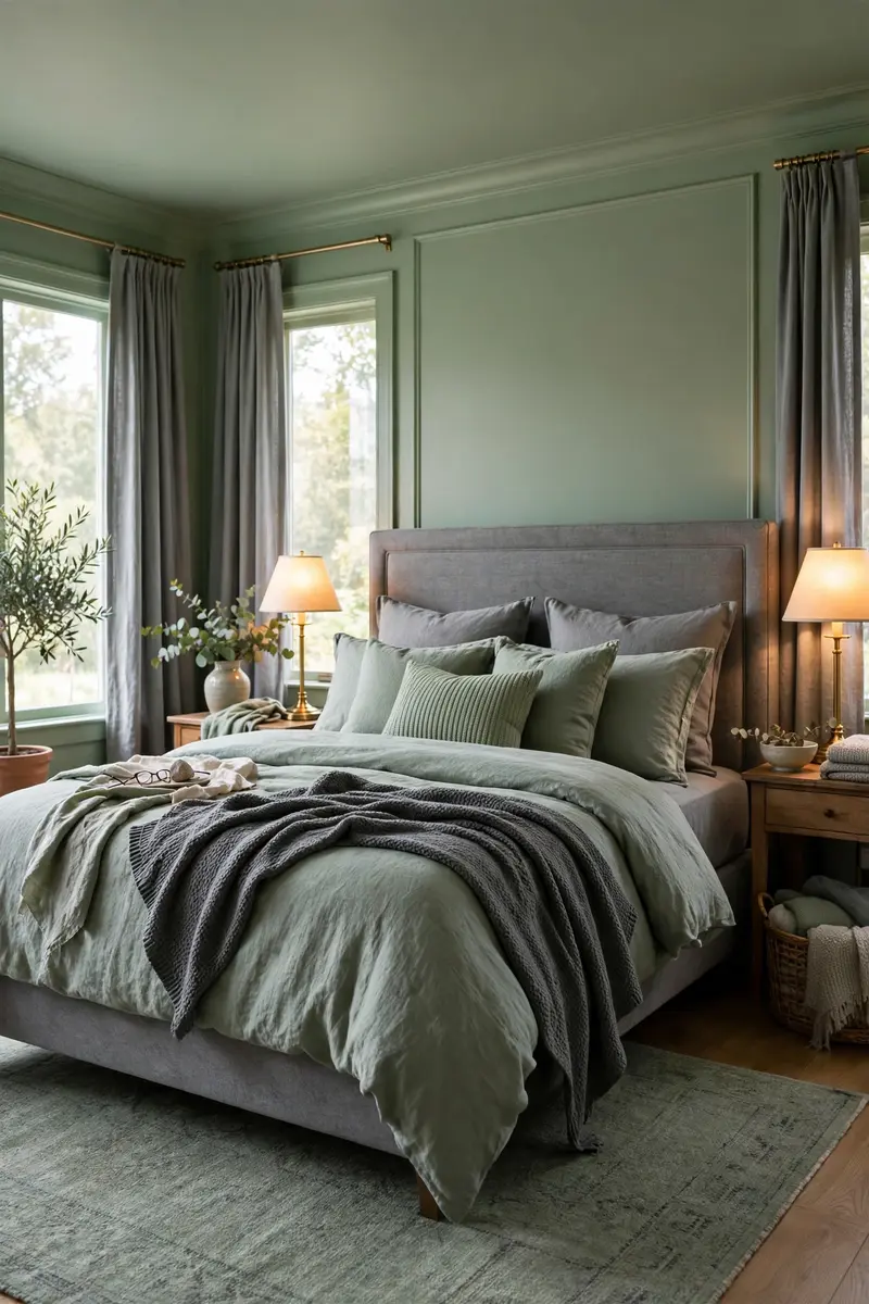 Color-drenched sage green master bedroom with grey upholstered bed