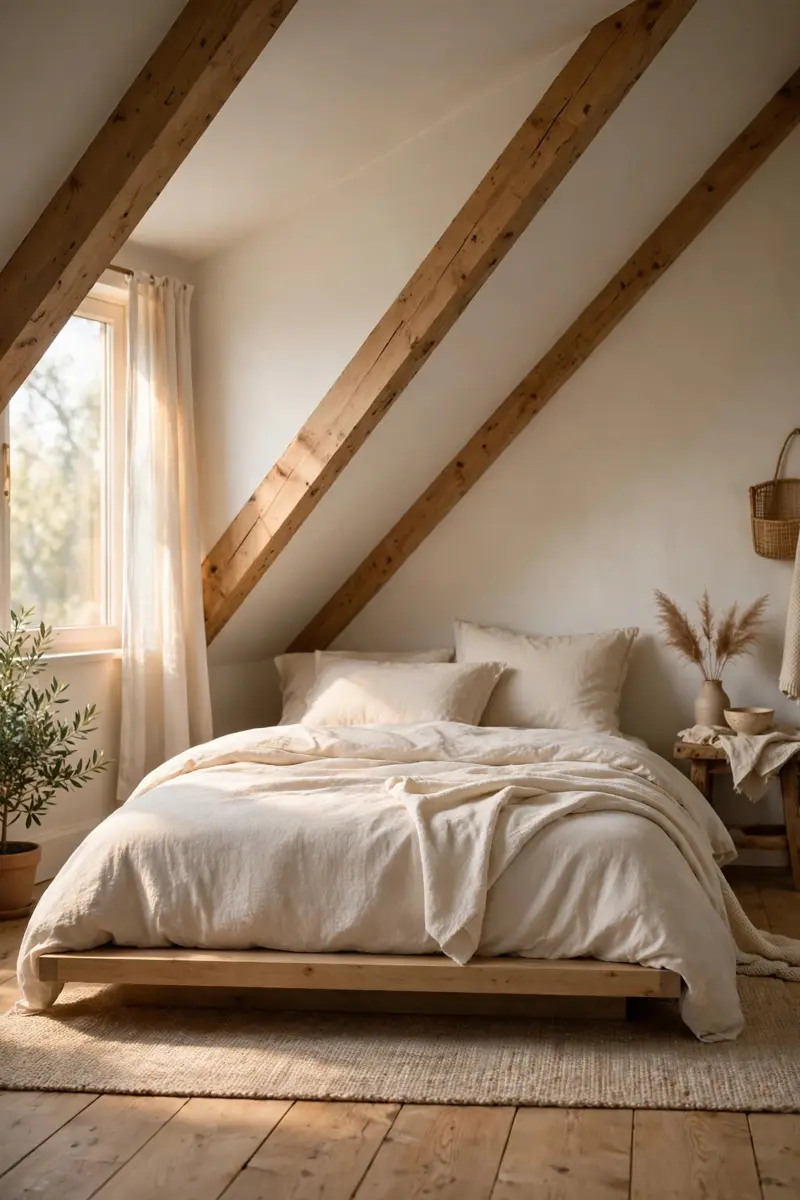 Attic bedroom ideas — low platform bed tucked under a sloped ceiling