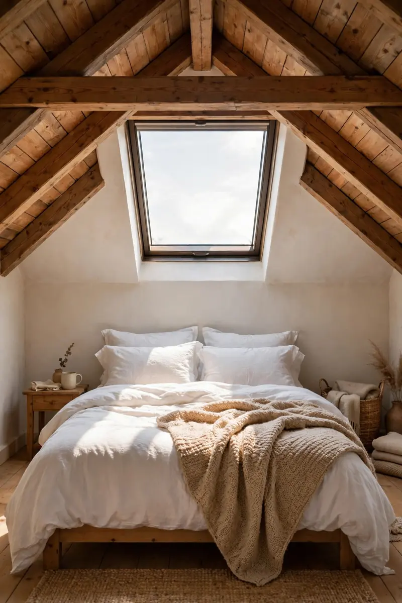 Attic bedroom ideas — bed beneath a skylight in a cozy attic bedroom