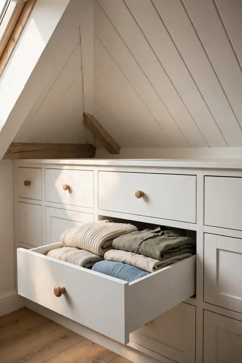 Built-in eave drawers under a sloped attic ceiling