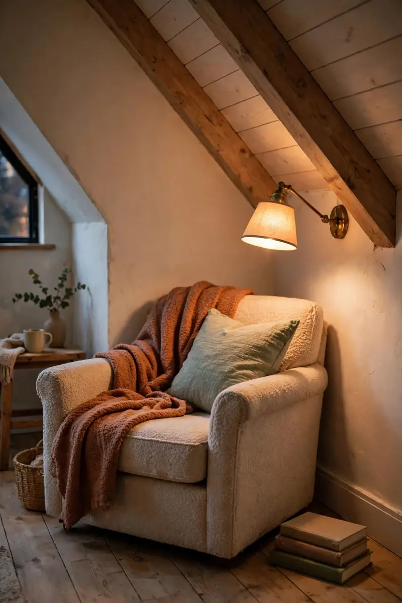 Reading armchair tucked into the lowest attic eave
