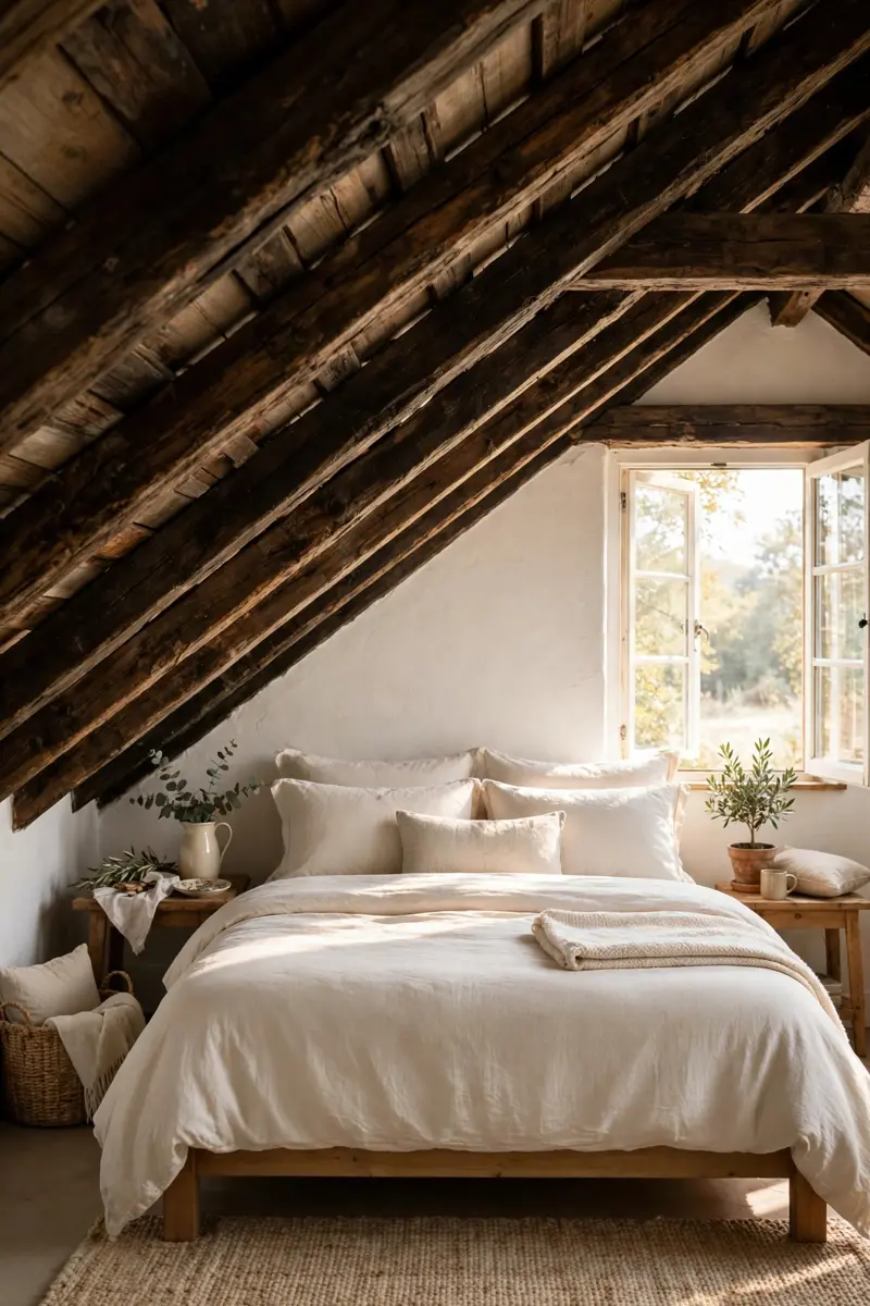 Exposed wooden beams across a sloped attic ceiling