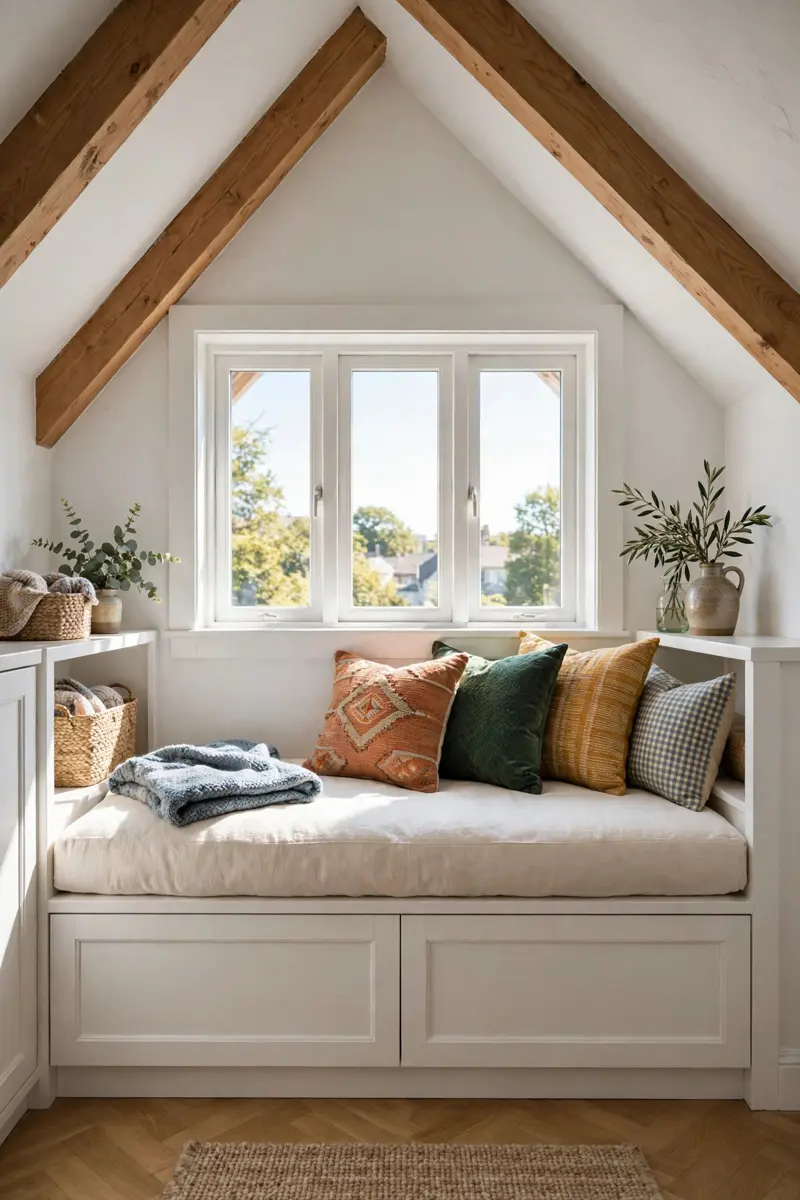 Built-in dormer window seat with cushions