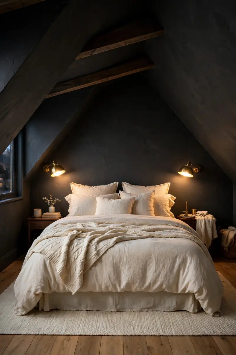 Dark moody attic bedroom with charcoal slopes and warm lamps