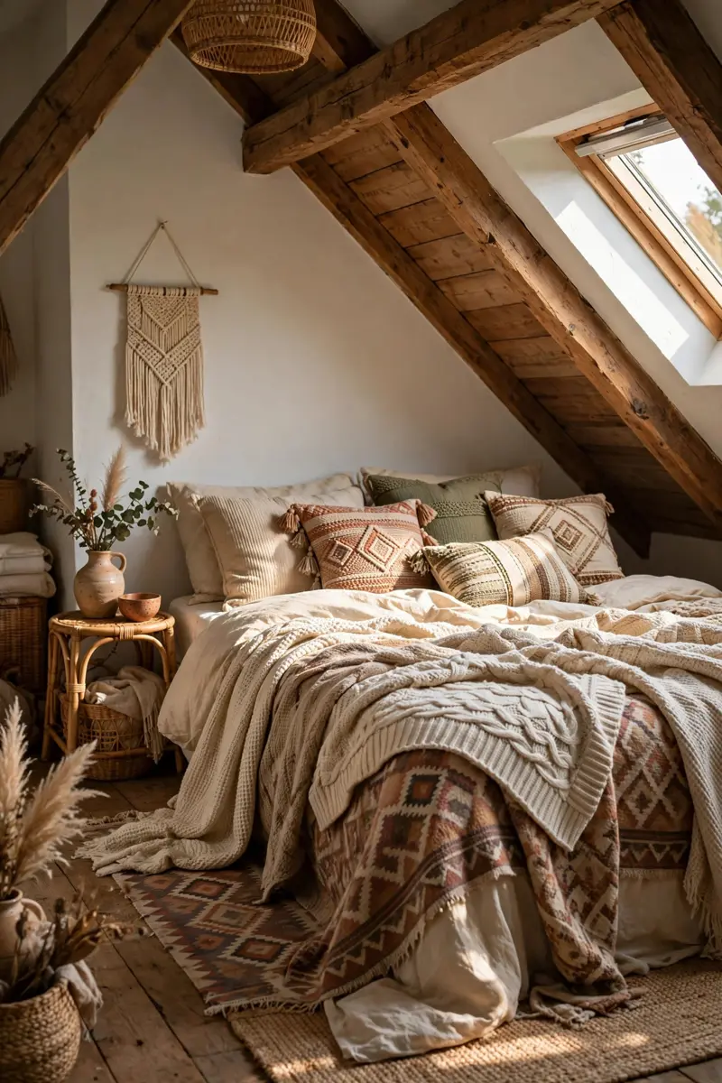 Boho attic bed layered with woven rugs and throws
