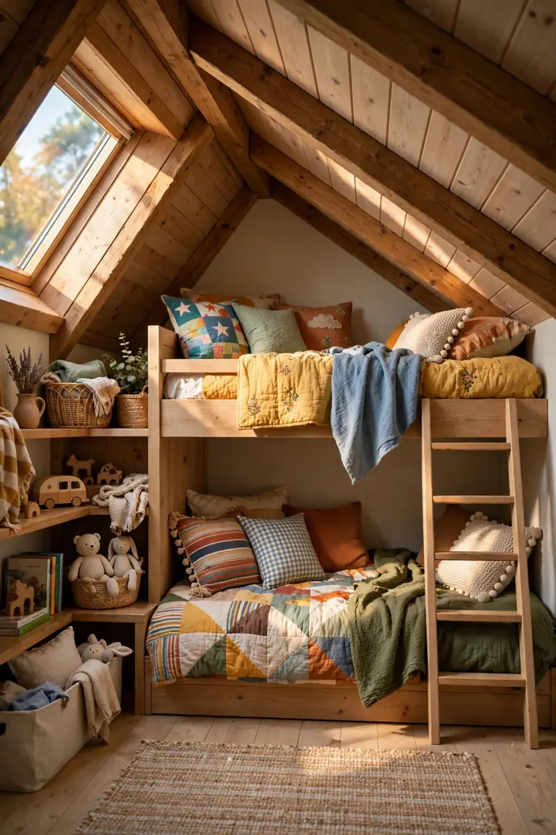 Kids attic bunk nook built into a sloped ceiling