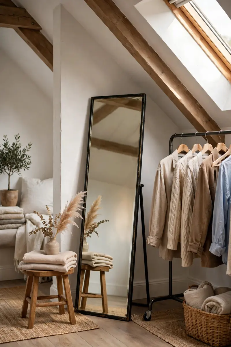 Attic guest dressing corner with leaning mirror
