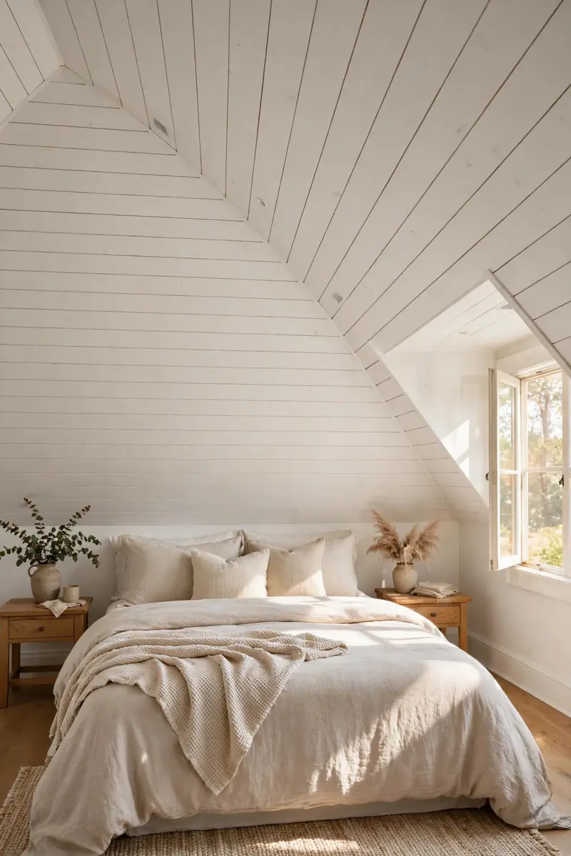 White shiplap sloped ceiling in an attic bedroom