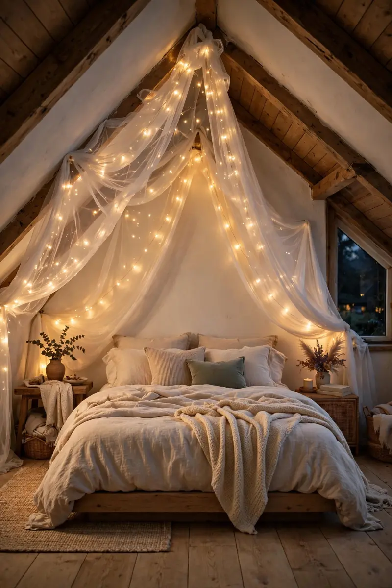 Fairy-light canopy draped over an attic bed