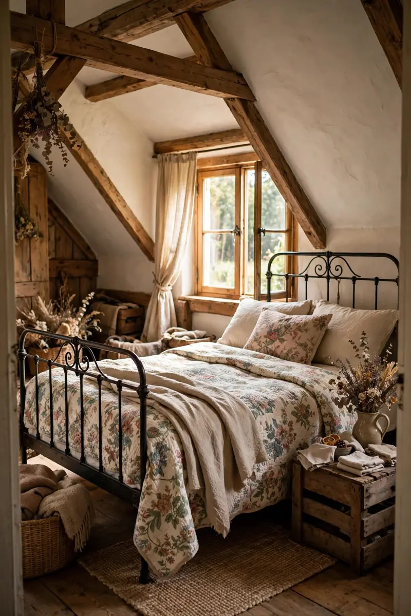 Vintage farmhouse attic bedroom with iron bed