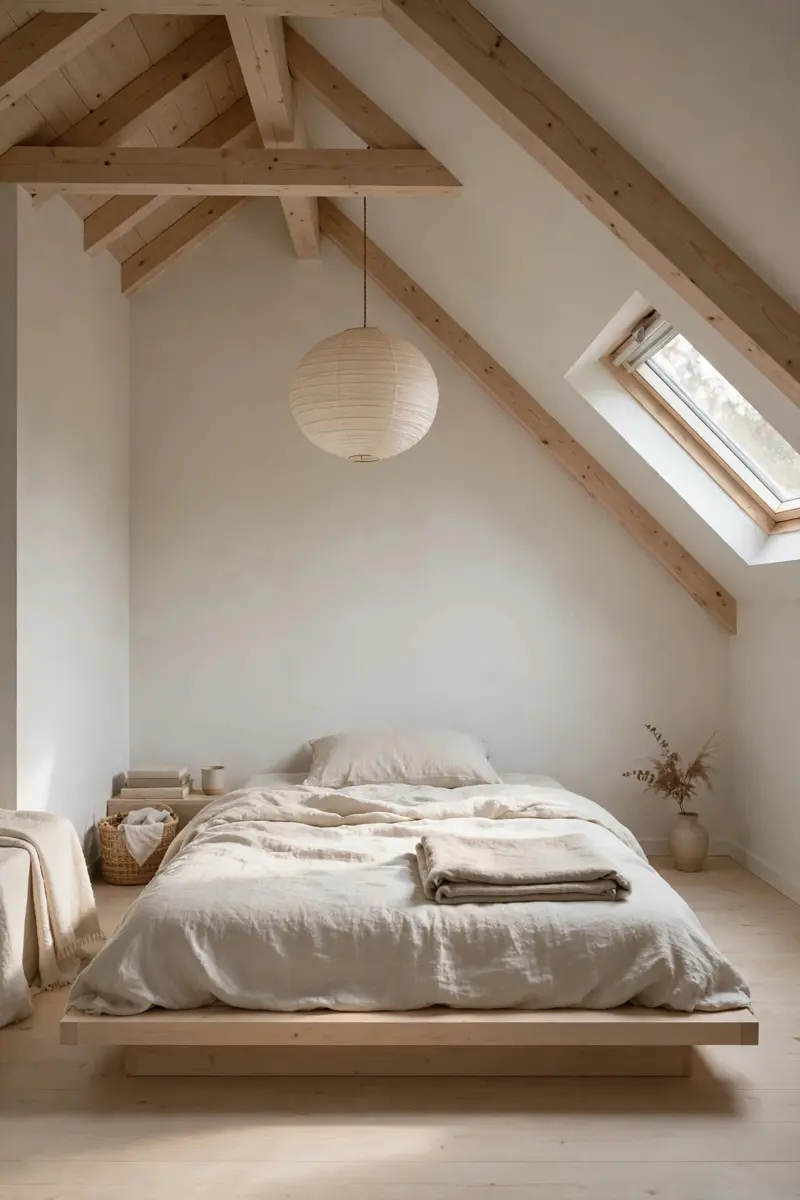Minimal Japanese low bed in an attic bedroom