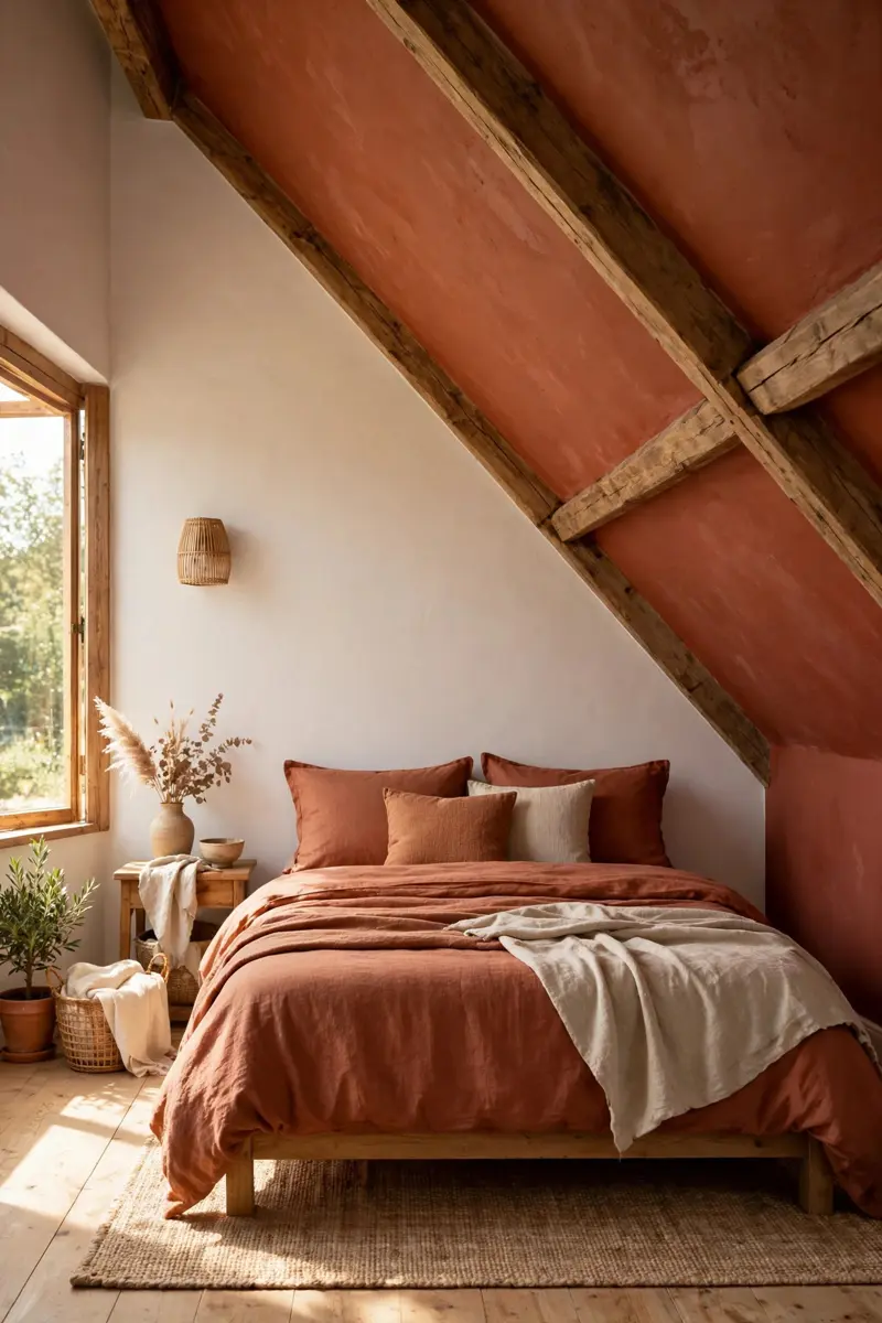 Terracotta color-drenched sloped attic wall