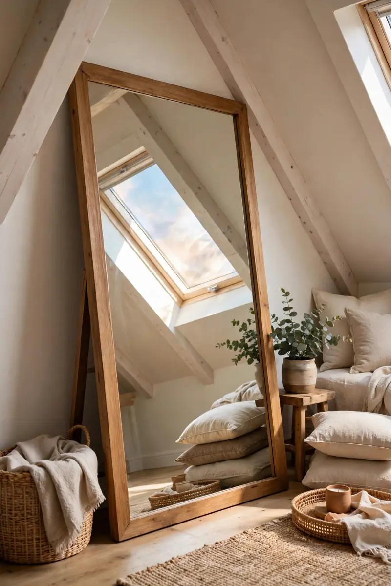 Large leaning mirror reflecting an attic skylight