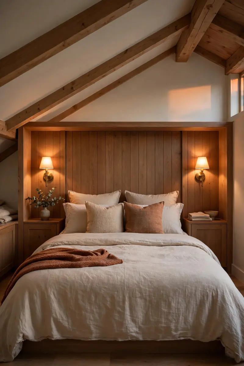 Built-in headboard wall with sconces in an attic bedroom