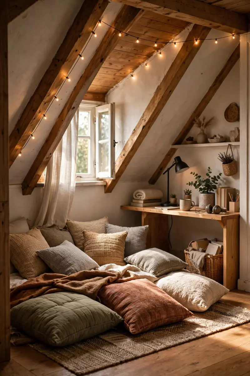 Teen attic hideaway with floor cushions and string lights