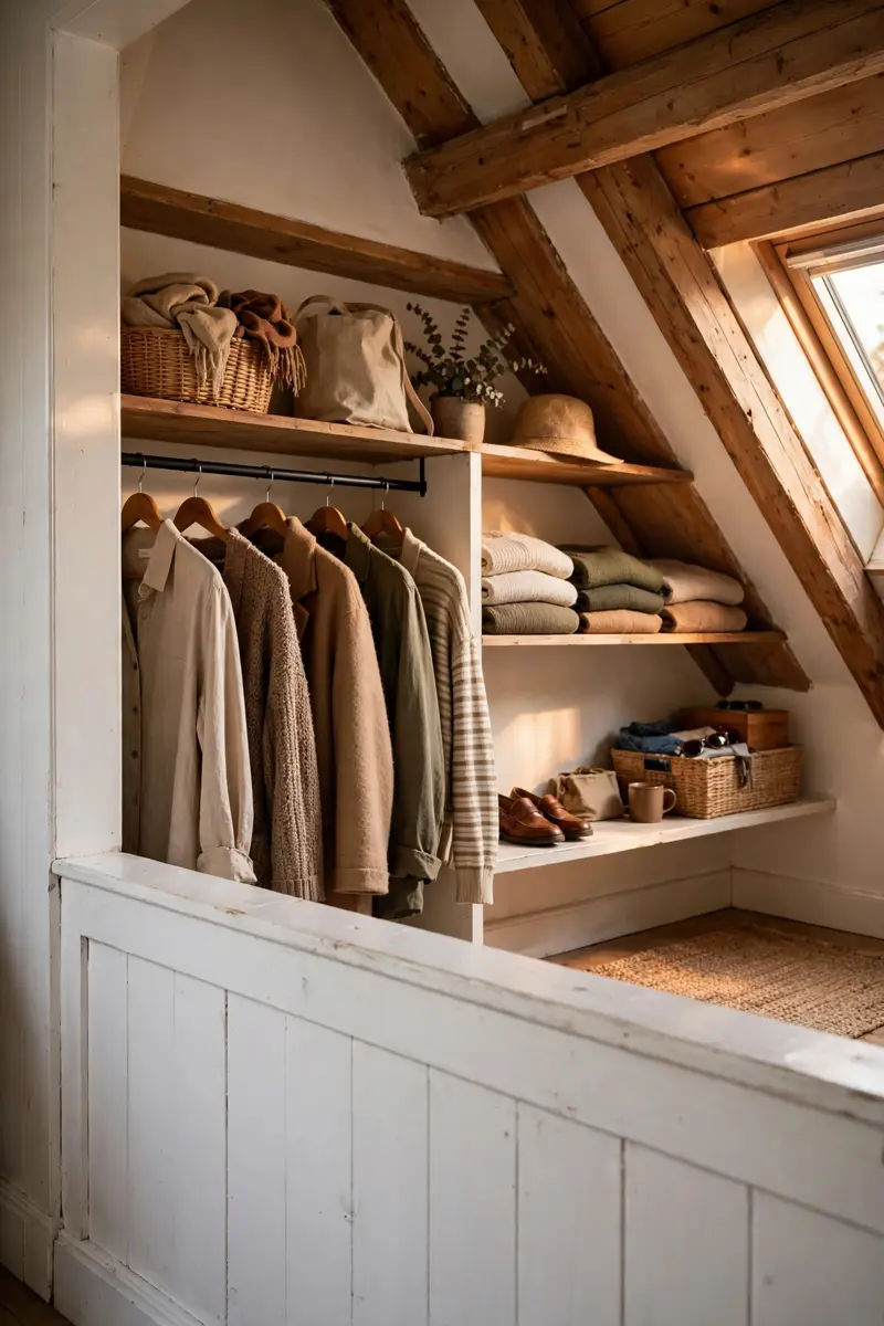 Hidden dressing nook behind an attic knee wall