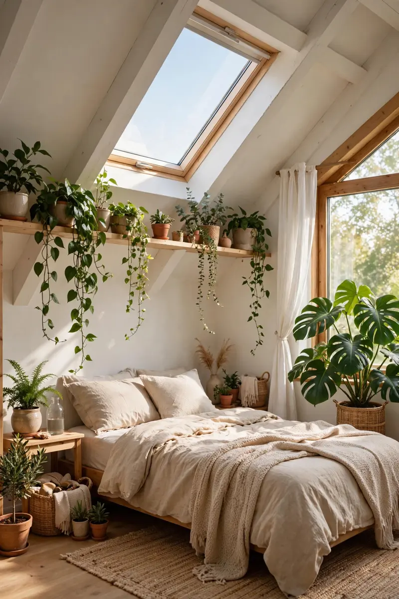 Plant-filled bright attic bedroom under a skylight