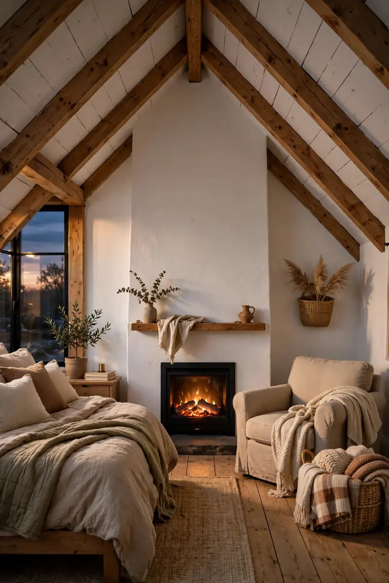 Electric fireplace glowing under an attic gable wall
