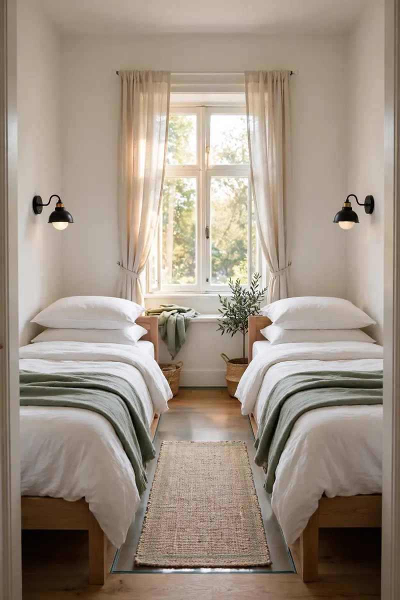 2 beds in one small room ideas — parallel twin beds on opposite walls