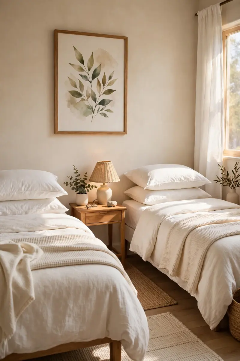 2 beds in one small room ideas — hotel-style twins with a shared nightstand