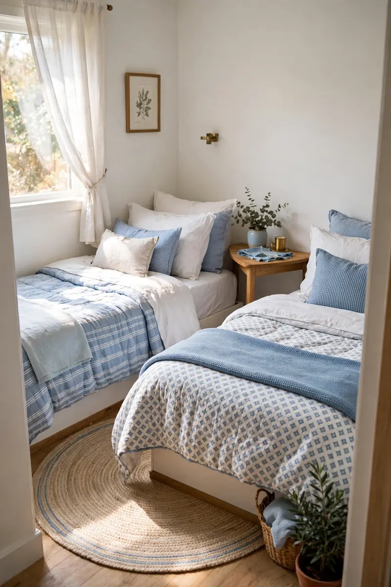 2 beds in one small room ideas — L-shaped corner twin bed layout