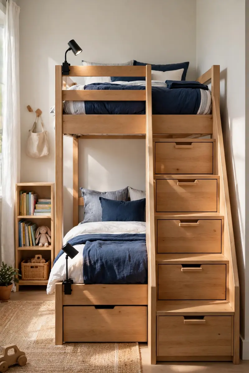 Modern bunk beds with storage stairs in a small kids bedroom