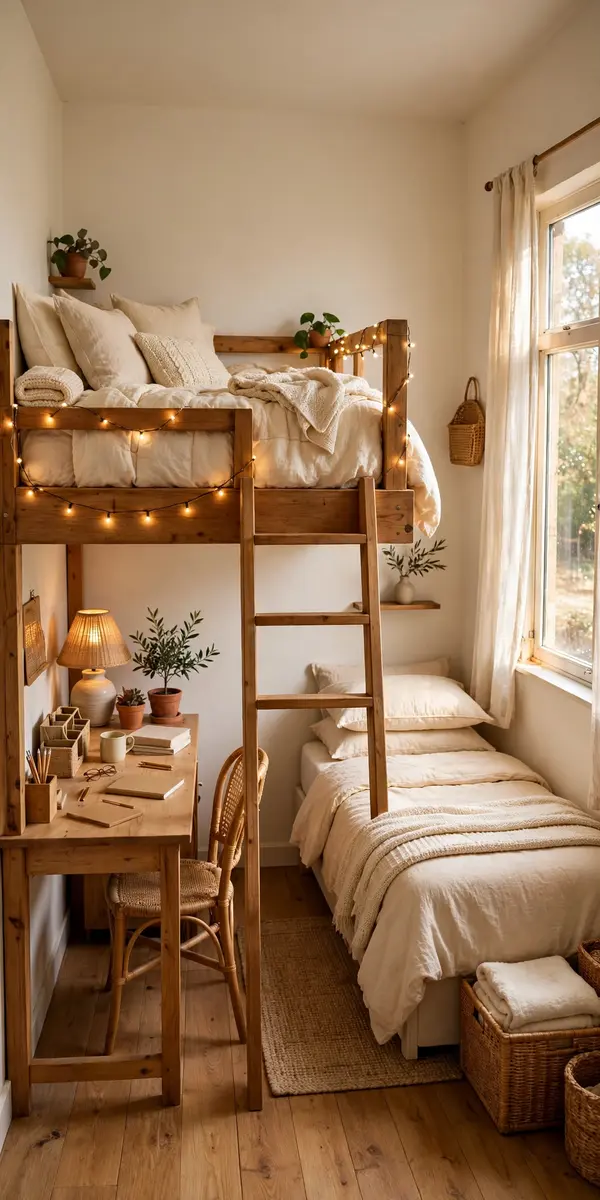 Loft bed with a twin bed in a small bedroom
