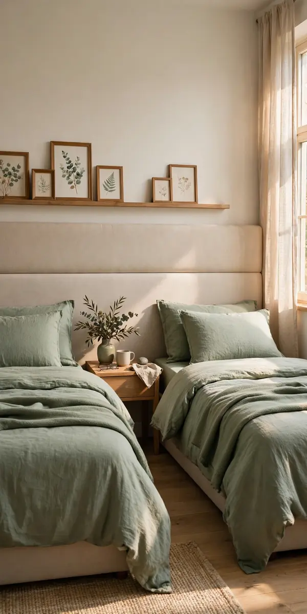 Long shared upholstered headboard across two twin beds