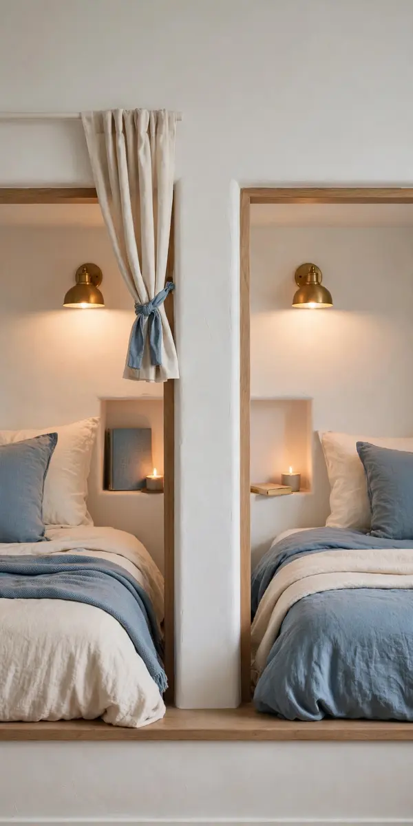 Built-in bed nooks with shelves in a small bedroom