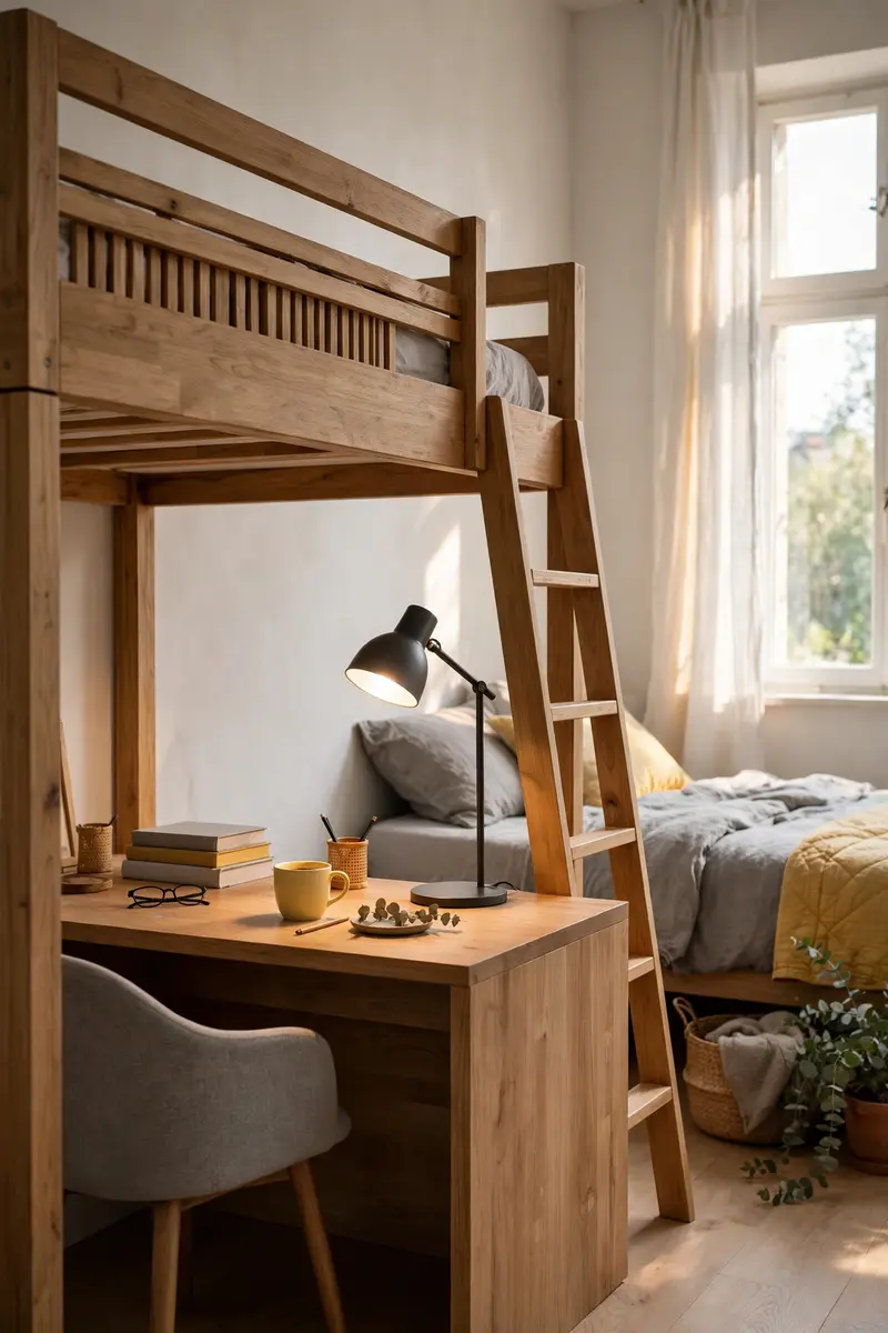 Loft bunk bed with a desk underneath