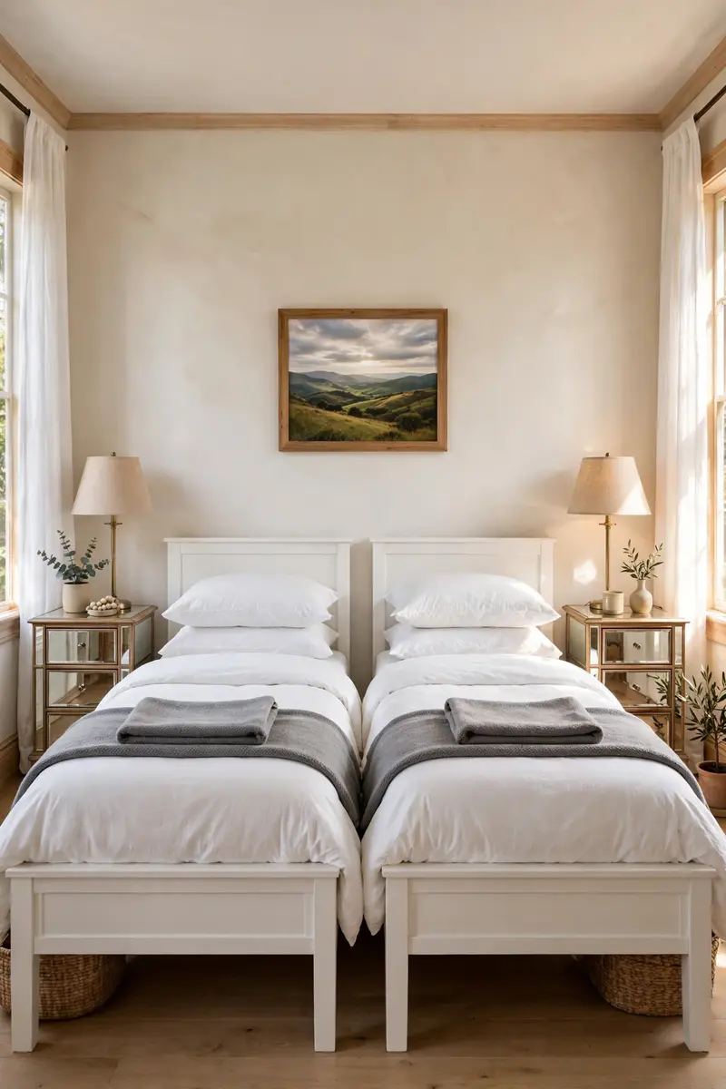 Symmetrical twin bedroom with matching bedding