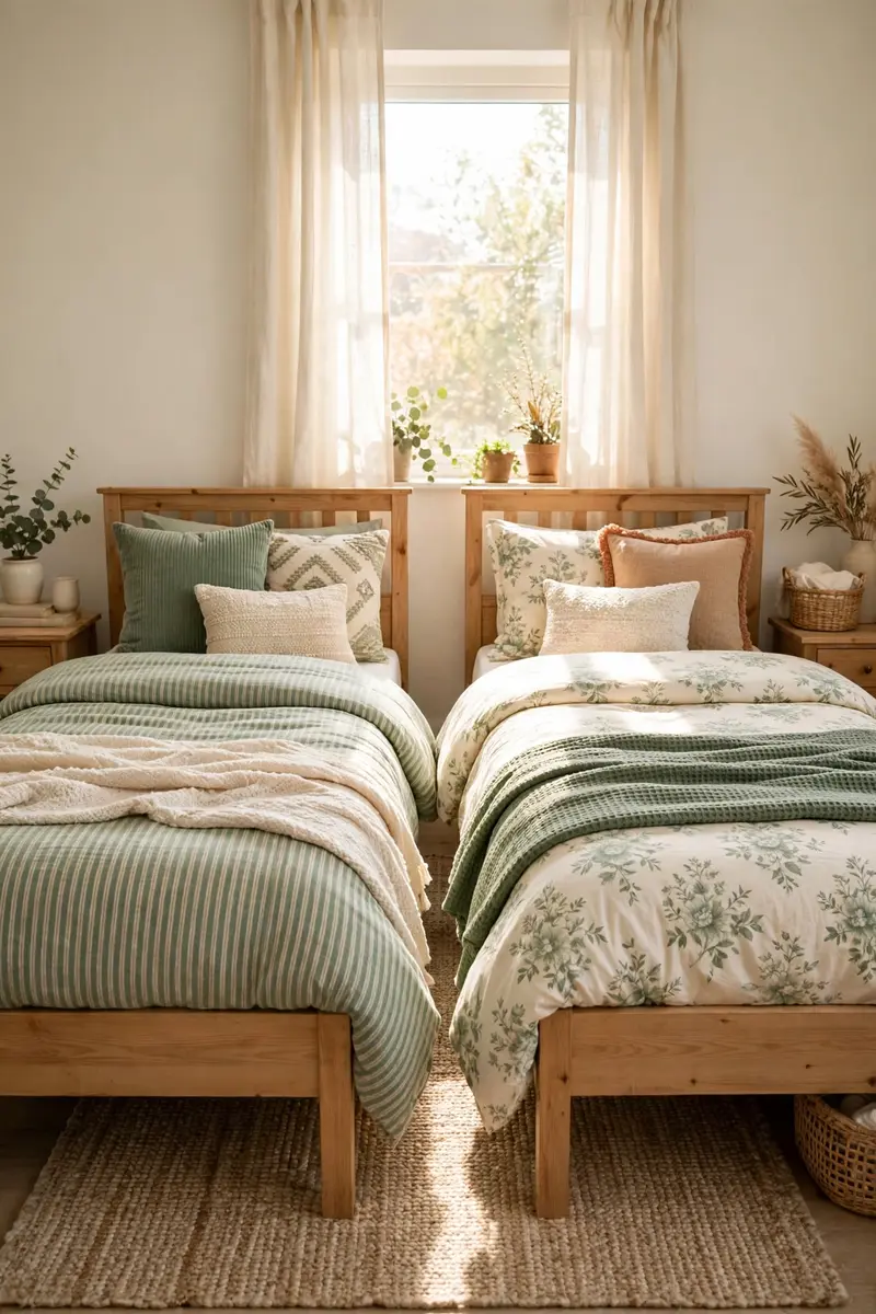 Two twin beds with different bedding in one palette