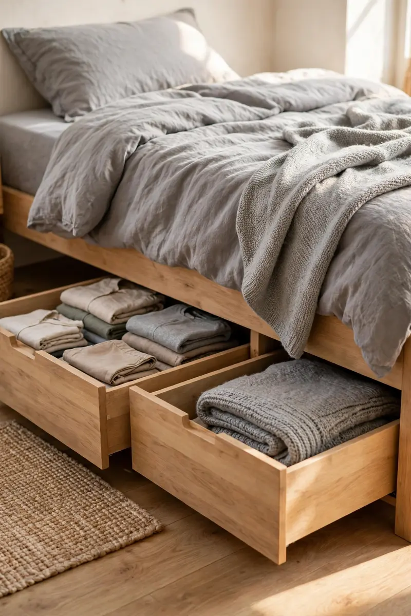 Under-bed storage drawers in a twin bed