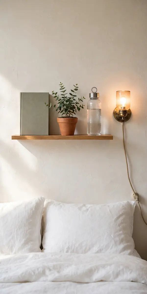 Wall shelf and sconce above a twin bed