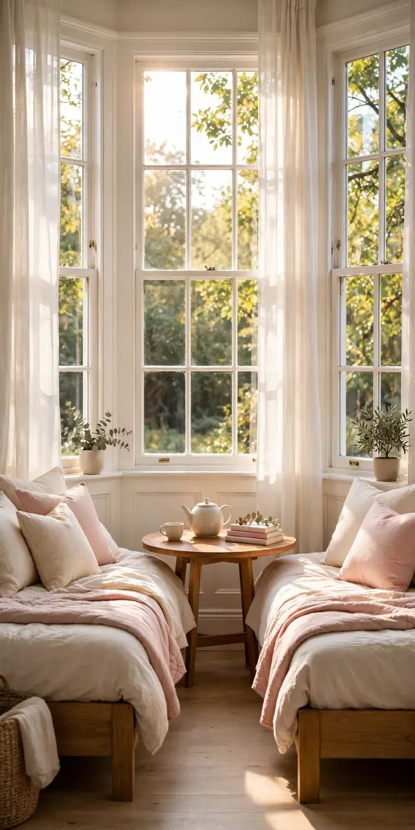 Bay window daybed pair in a sunny nook