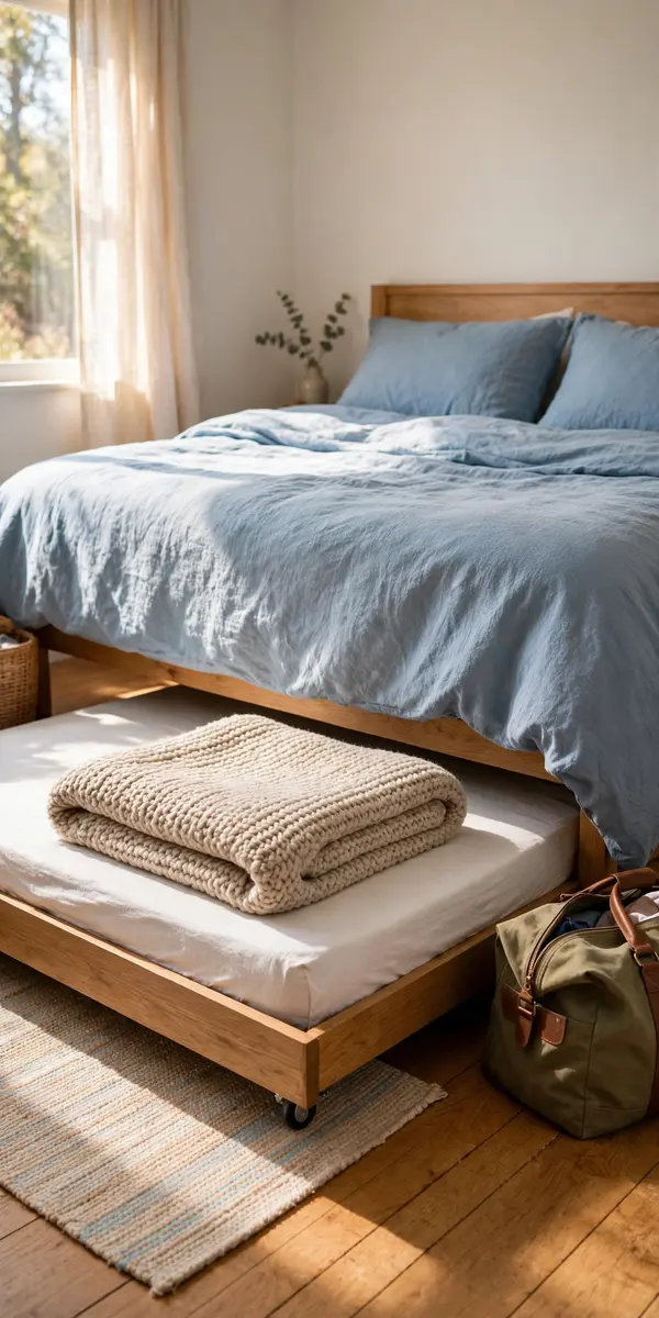 Rolling trundle bed pulled out from under a twin bed