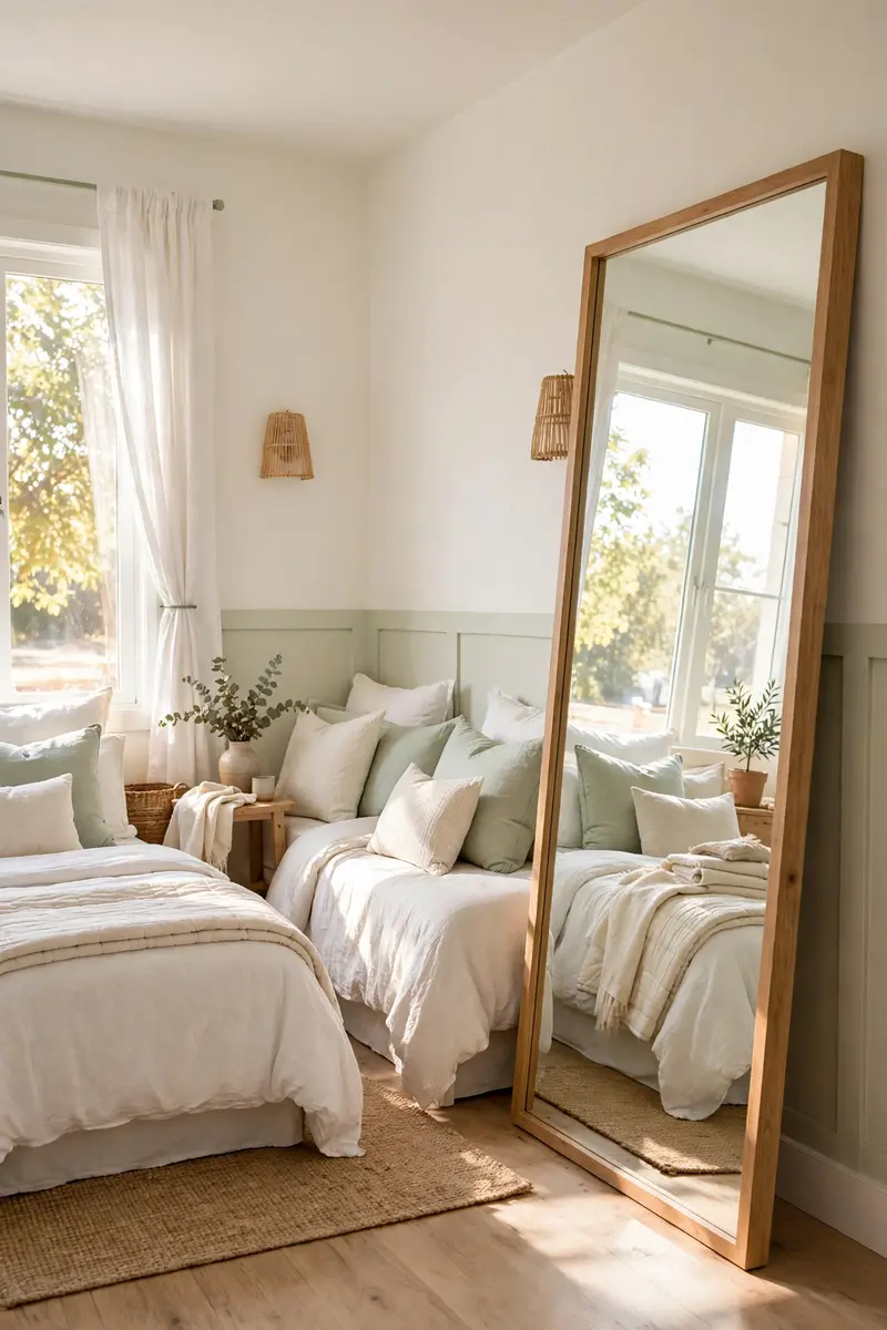 Light bedroom with a leaning mirror and twin beds