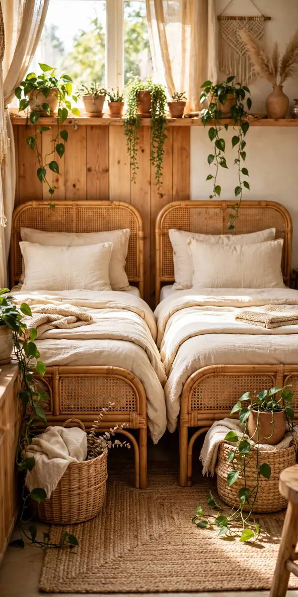 Rattan boho twin beds with linen bedding