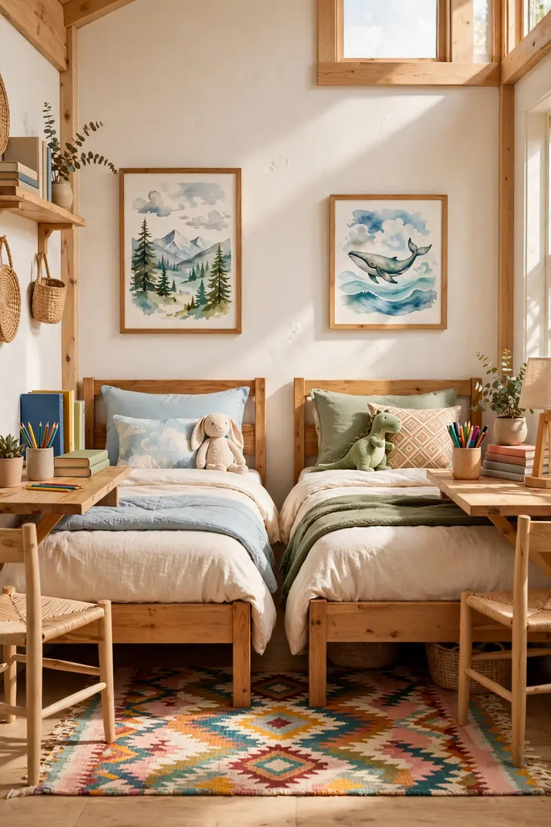 Shared kids bedroom with individual desk zones