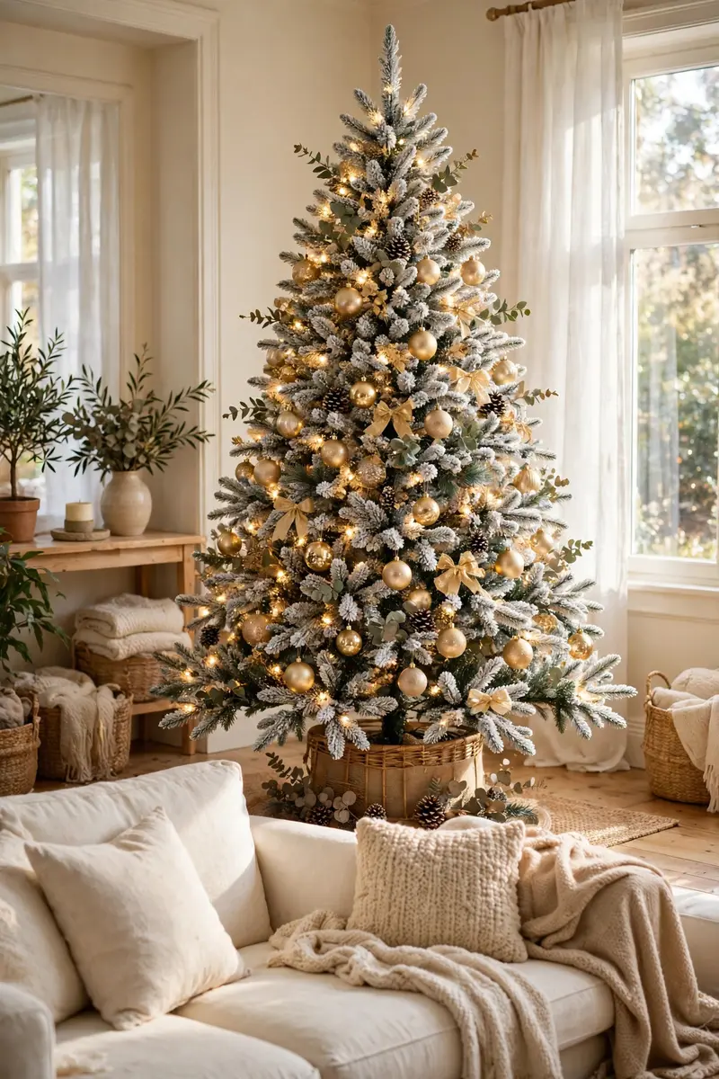 Cozy Christmas living room decor ideas — flocked tree with gold ornaments