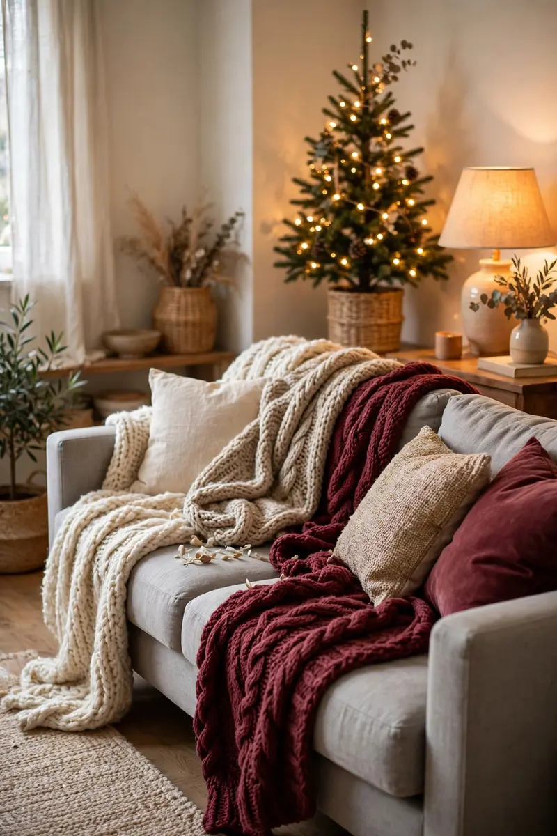 Cozy Christmas living room decor ideas — chunky knit throws draped across a sofa