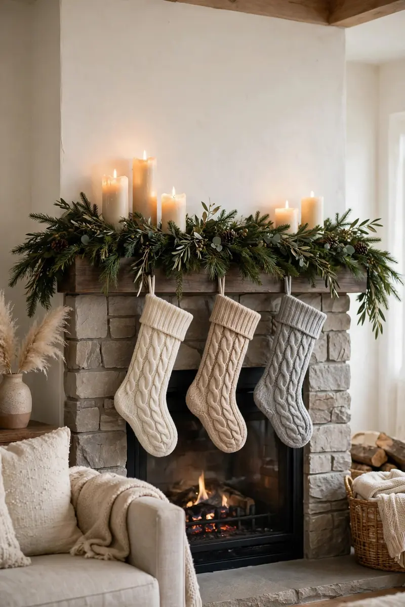 Cozy Christmas living room decor ideas — mantel garland with candles