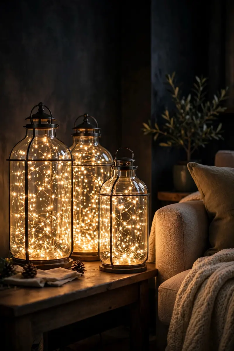 Cozy Christmas living room decor ideas — fairy lights glowing inside lanterns