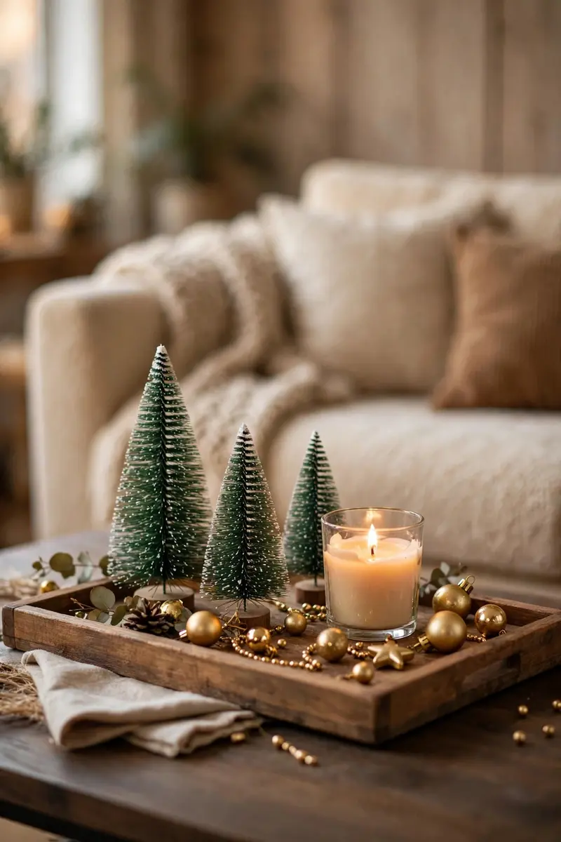 Cozy Christmas living room decor ideas — festive tray with mini trees and a candle on a coffee table