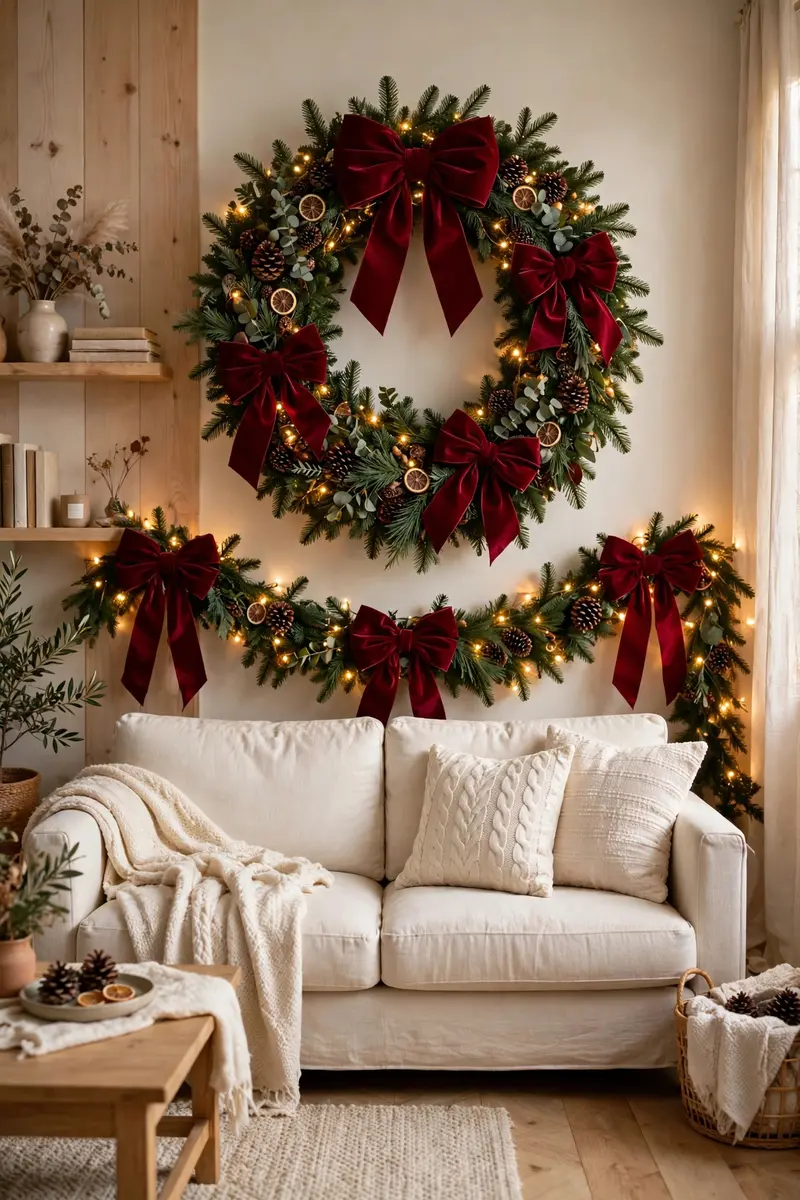 Cozy Christmas living room decor ideas — velvet bows tied on a wreath and garland