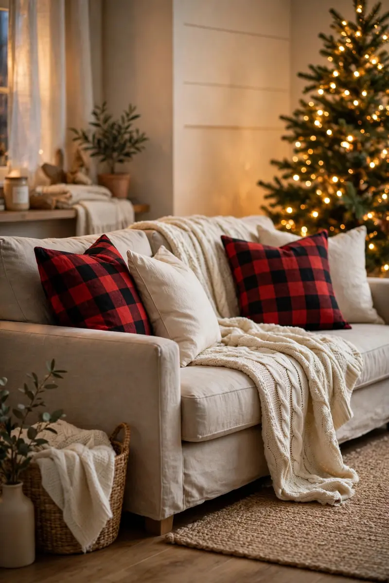 Cozy Christmas living room decor ideas — buffalo plaid pillows on a sofa