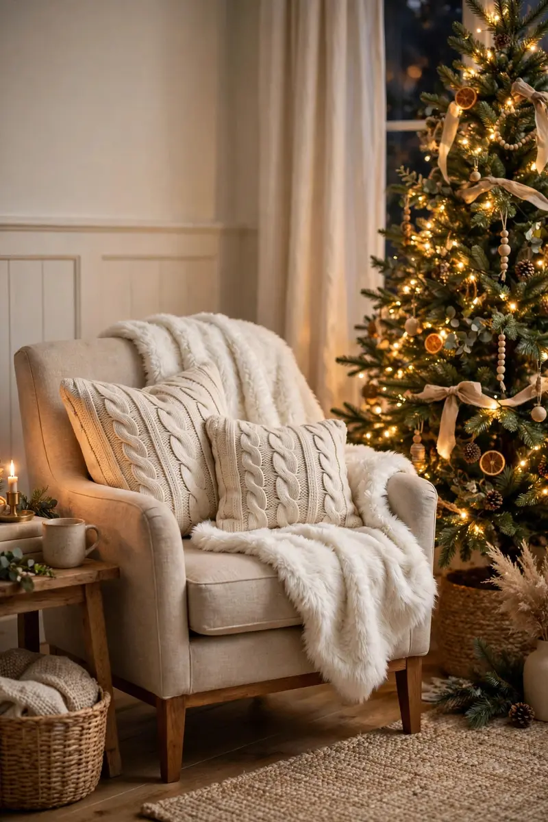 Cozy Christmas living room decor ideas — faux fur throw layered with cable-knit cushions
